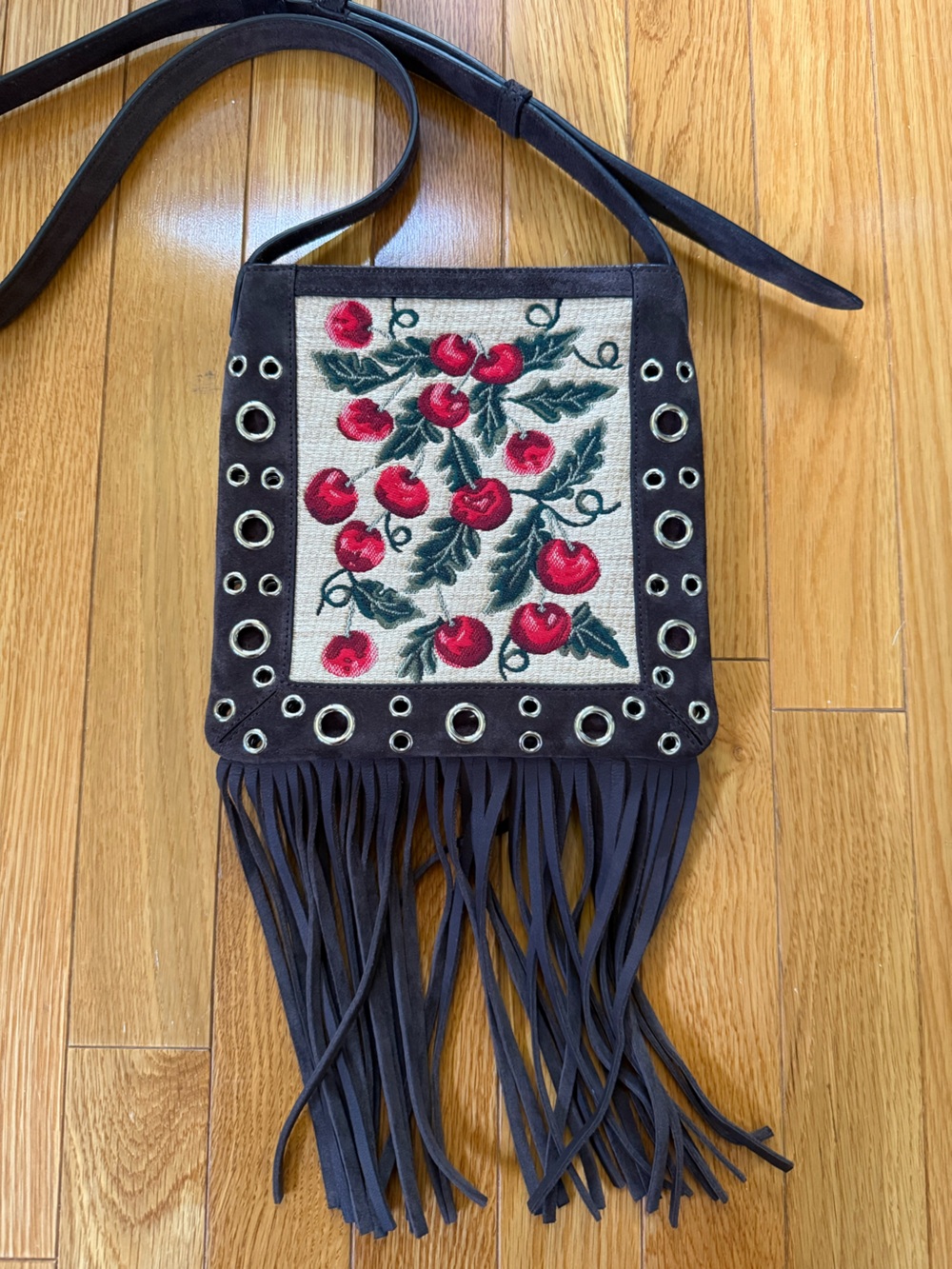 Valentino Garavani Red Cherry Embroidered Fringe Shoulder Bag - Picture 4 of 8